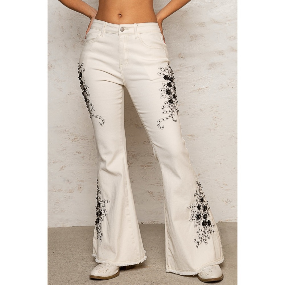 POL Cream Embroidered Western Flare Jeans | Beaded Studded Stretch Denim